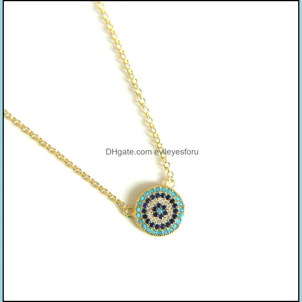 100% 925 sterling silver classic necklace round disk micro pave colorful cz turquoise evil eye charm lucky girl gift chain258x