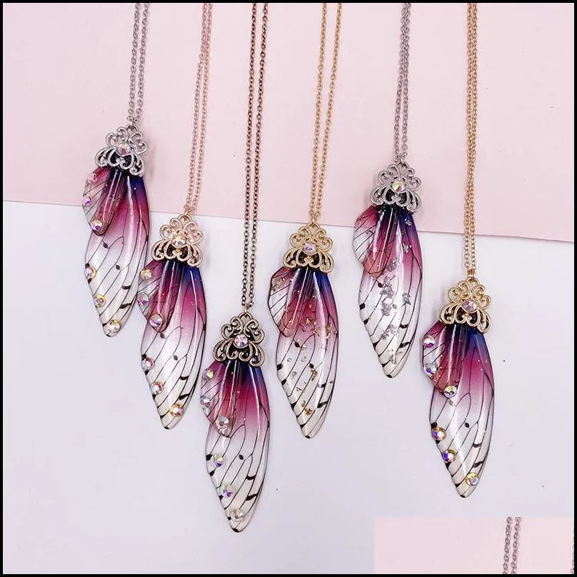 pendant necklaces handmade clear resin butterfly for women metal transparent foil rhinestones simulation wing chokers necklacependant