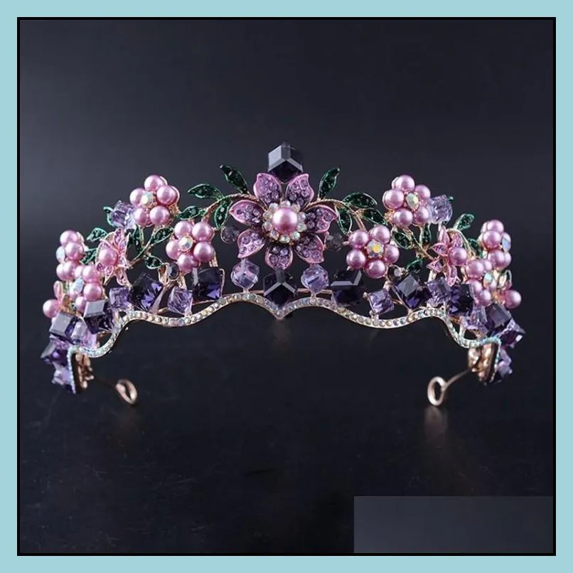 luxury baroque purple crystal pearl bridal crown tiara magnificent diadem for bride headband wedding hair accessories 220716