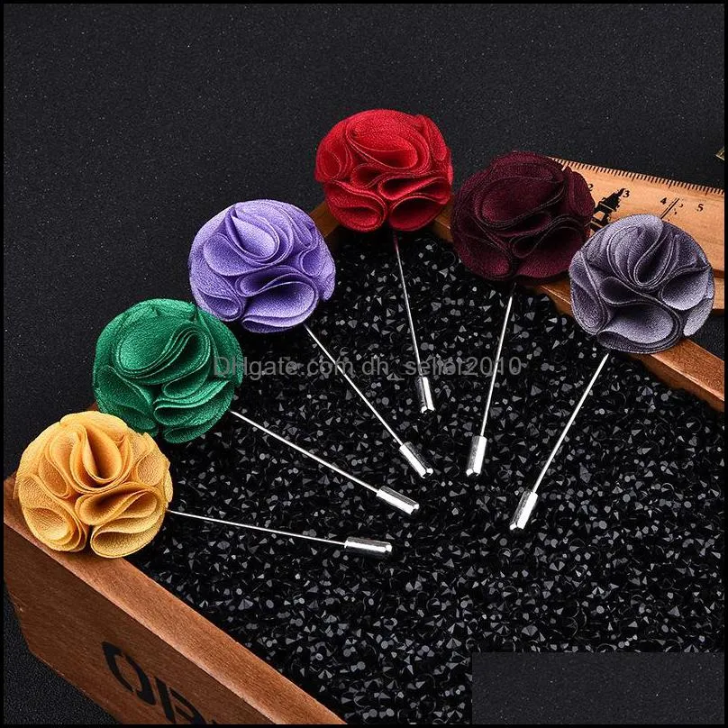 classic men flower brooch pins fashion imitated silk fabric boutonniere stick lapel pin for suit party wedding jewelry accessories 1130