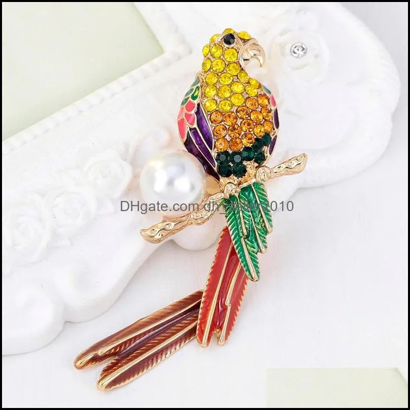 animal cute crystal enamel pearl parrot brooch birds brooches for women multi color rhinestone gold plated jewelry drop ship 204 u2