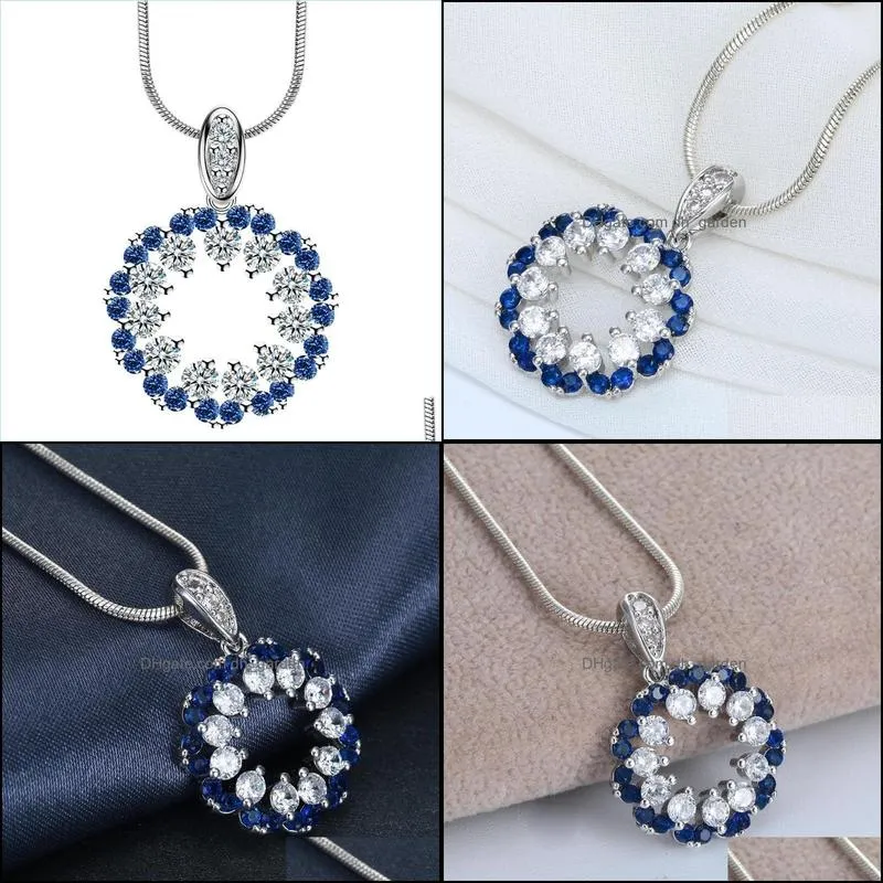 chains luxury gorgeous women jewelry blue crystal round pendant snake chain necklace wedding engagement party set gifts