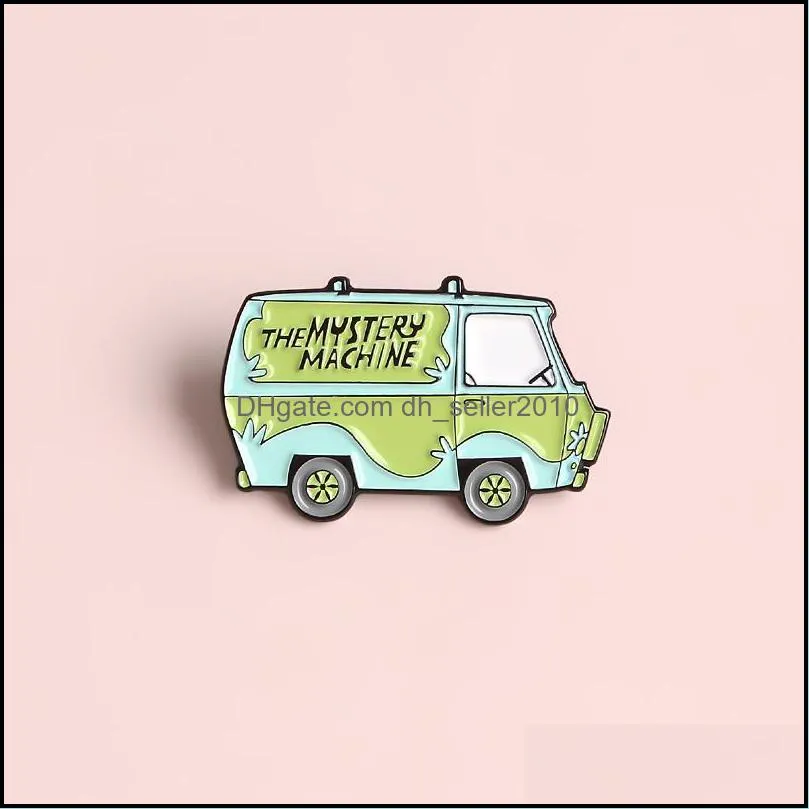 magical green car enamel pins the mystery machine badges brooches for women backpack bag pin cartoon cute jewelry gifts 2461 t2