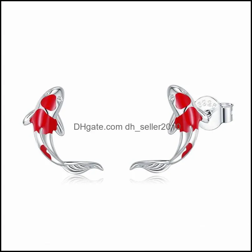 bamoer fish red enamel stud earrings for women 925 sterling silver spring koi ear studs festival silver fashion jewelry 1771 v2