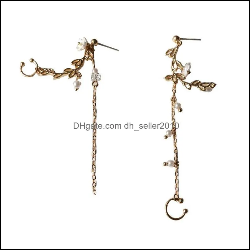 fashion delicate alloy small  flower earrings individual character asymmetry ear bone clip pearl tassel long women stud 3493 q2