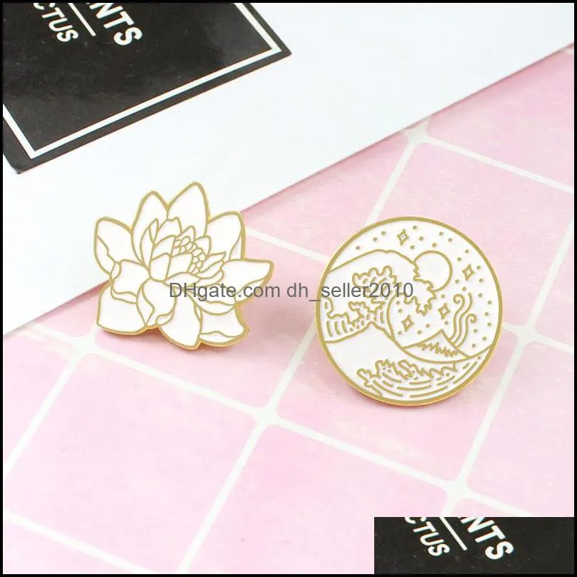 lotus flower wave starry night enamel pin badge brooch bag clothes lapel pin cartoon plant moon nature jewelry gift for friends c3