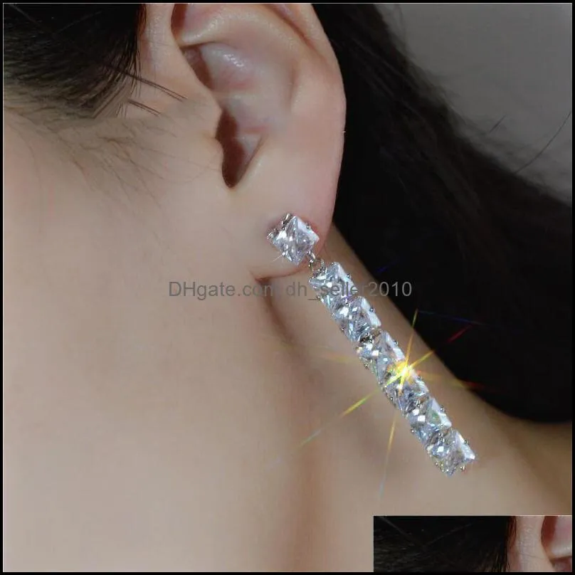 brand sparkling dangle earring luxury jewelry 925 sterling silver princess cut white topaz cz diamond gemstones wedding