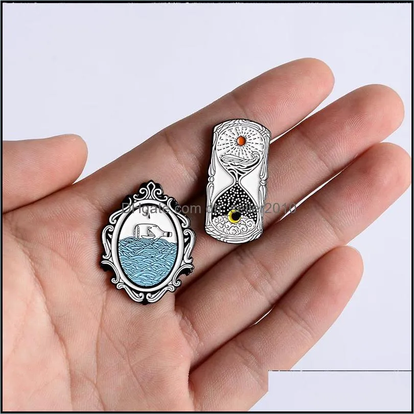 magic mirror enamel pin simple sun and moon hourglass time passed badge brooches shirt jackets bag lapel pin jewelry friends gift 710