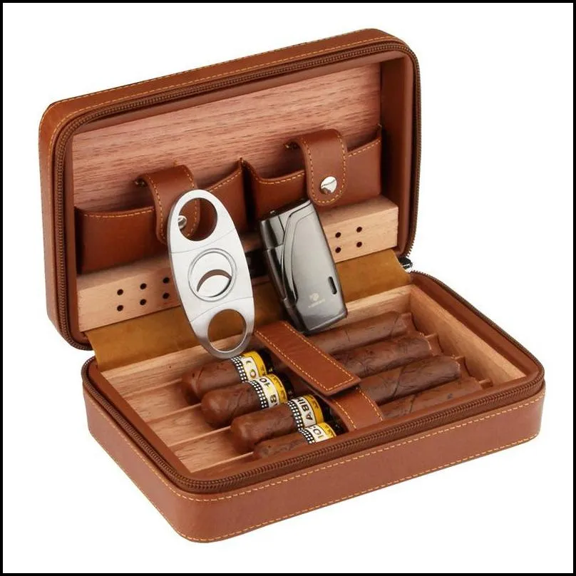 portable cedar wood cigar humidor leather wrap travel cigar case 4 cigars box storage humidors humidifier accessories for sigar