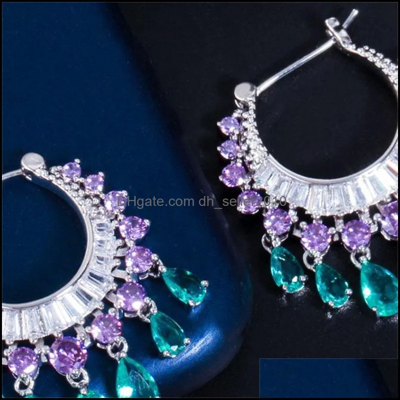 zircons elegant purple blue cz crystal dangle water drop tassel hoop earrings fashion bridal wedding boho jewelry