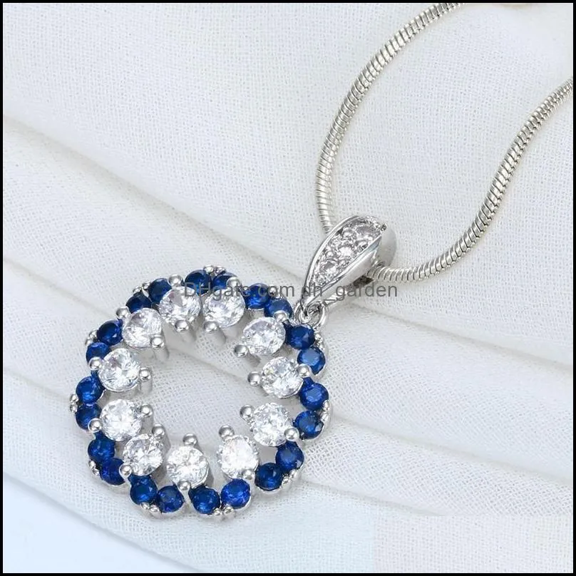 chains luxury gorgeous women jewelry blue crystal round pendant snake chain necklace wedding engagement party set gifts