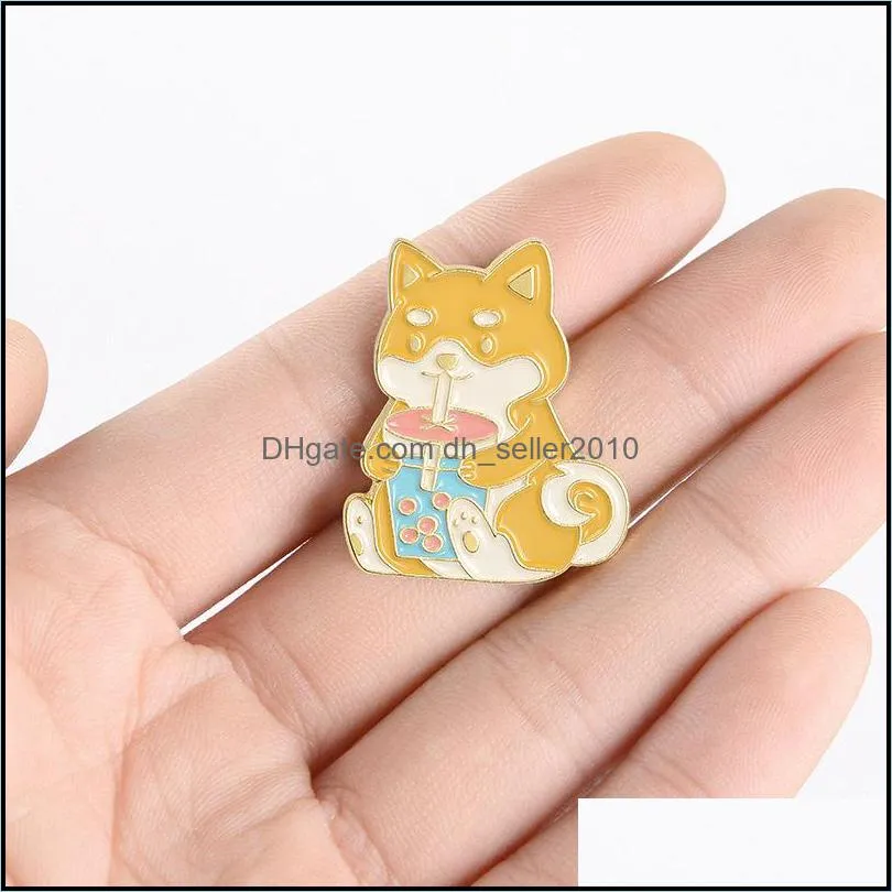 dog animal enamel pin brooches for women cute akita dog badge drinking milk tea cartoon lapel pin clothes backpack jewelry gift 937 q2