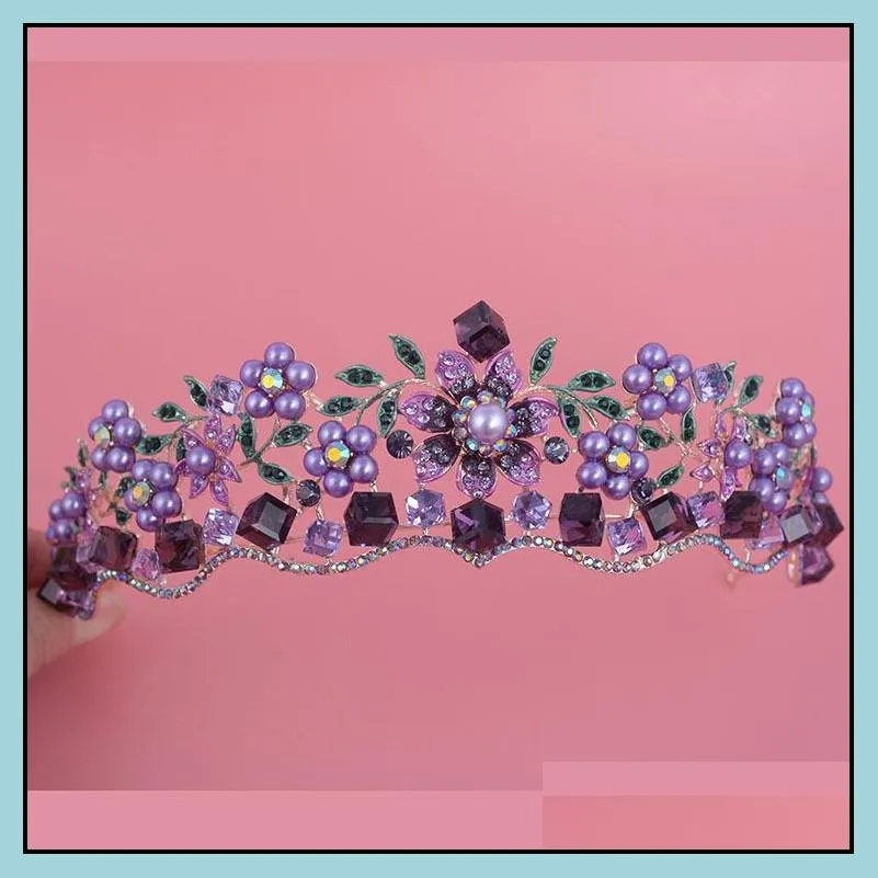 luxury baroque purple crystal pearl bridal crown tiara magnificent diadem for bride headband wedding hair accessories 220716