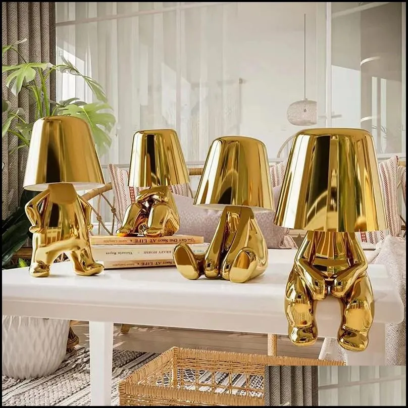 Bedside Touch Control Table Lamp Collection Gold Thinker Statue LED with USB Port Dimmable Modern Night Light Nightstand Lamp for Home Living Room Office Shelf