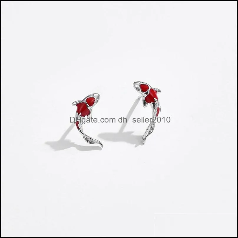 bamoer fish red enamel stud earrings for women 925 sterling silver spring koi ear studs festival silver fashion jewelry 1771 v2