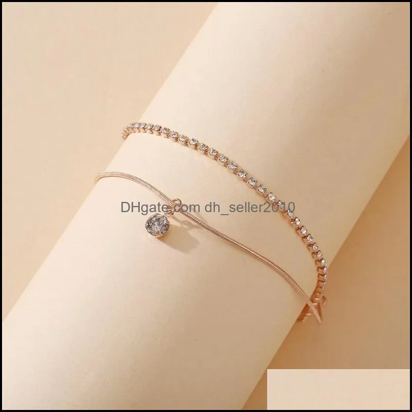 double-deck anklet rhinestone crystal ankle charm bracelet boho beach anklets for women sandals foot bracelets female wedding jewelry 594