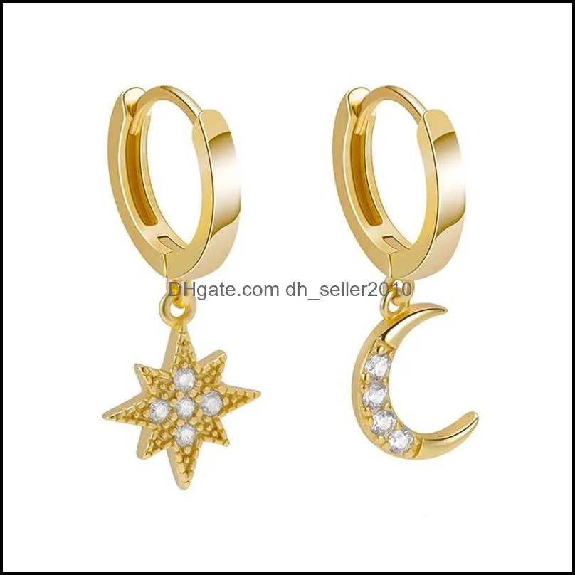 genuine 925 sterling silver moon and star dangle earrings with charm clear cz gold color jewelry bijoux
