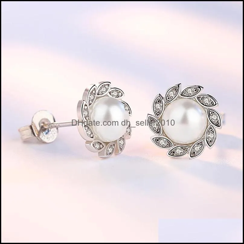 925 sterling silver stud earrings woman fashion jewelry new wind leaf crystal zircon pearl earrings