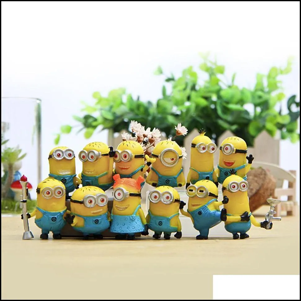 12pcs set Cute Lovely Minion Miniature Figurines Toys small yellow Man Figures Desktop furnishing models 3cm dolls Kids Gifts Y2002237