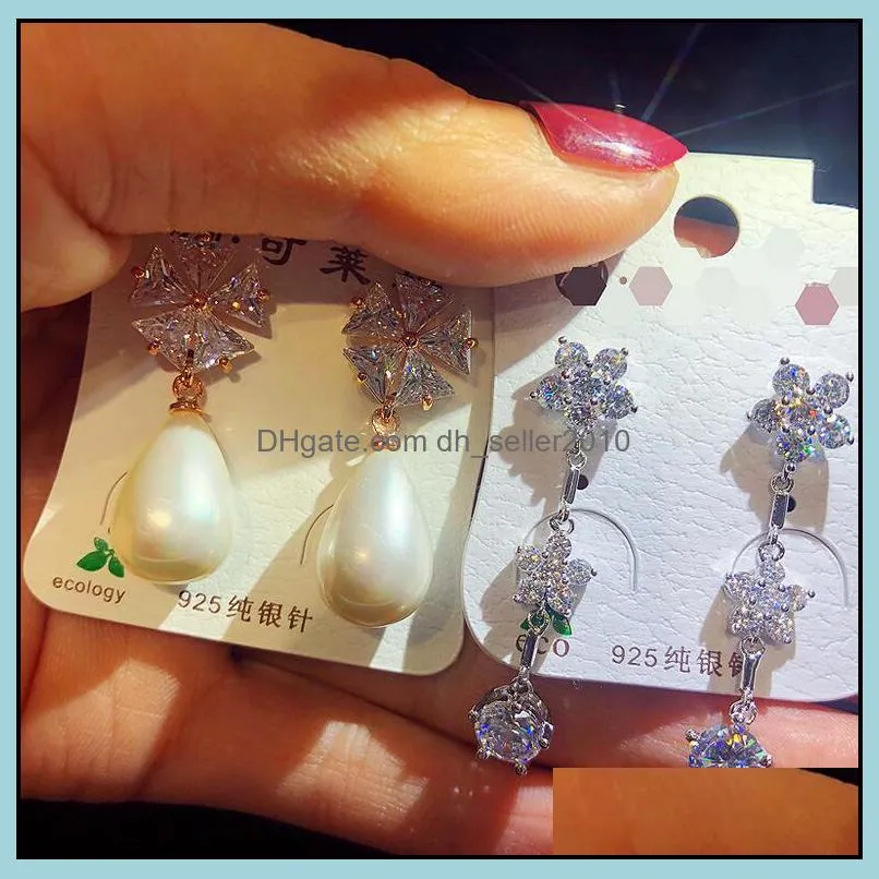 charm korean style women 925 silver needle zircon pearl earrings valentine`s day girls gift statement earrings wholesale