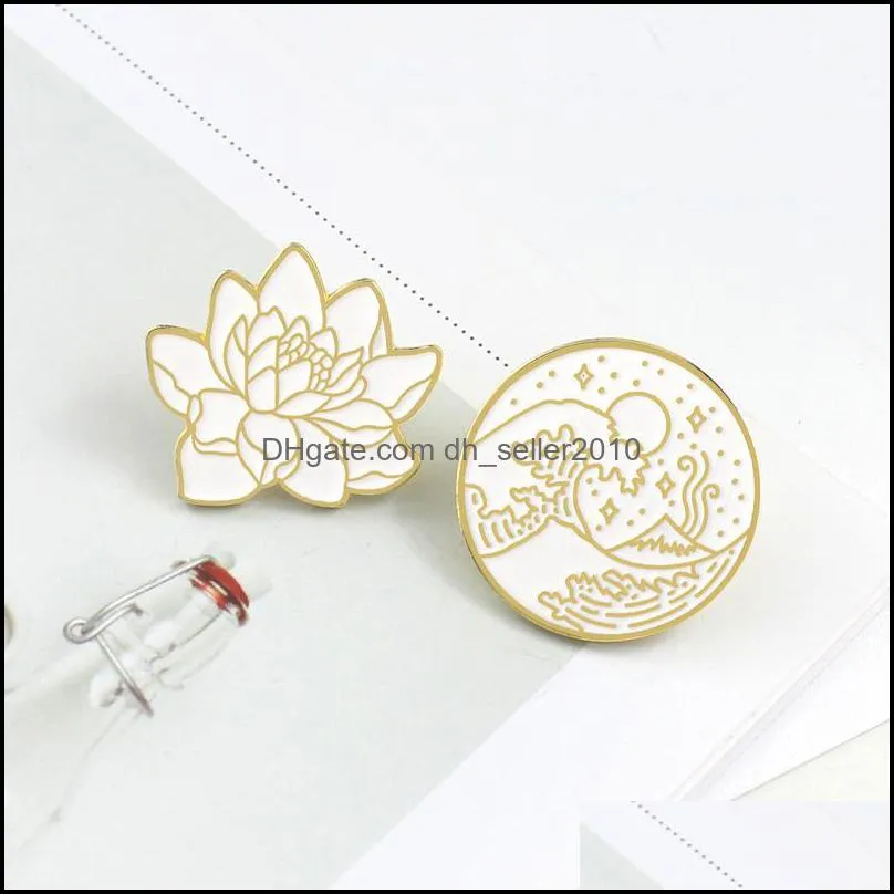 lotus flower wave starry night enamel pin badge brooch bag clothes lapel pin cartoon plant moon nature jewelry gift for friends c3