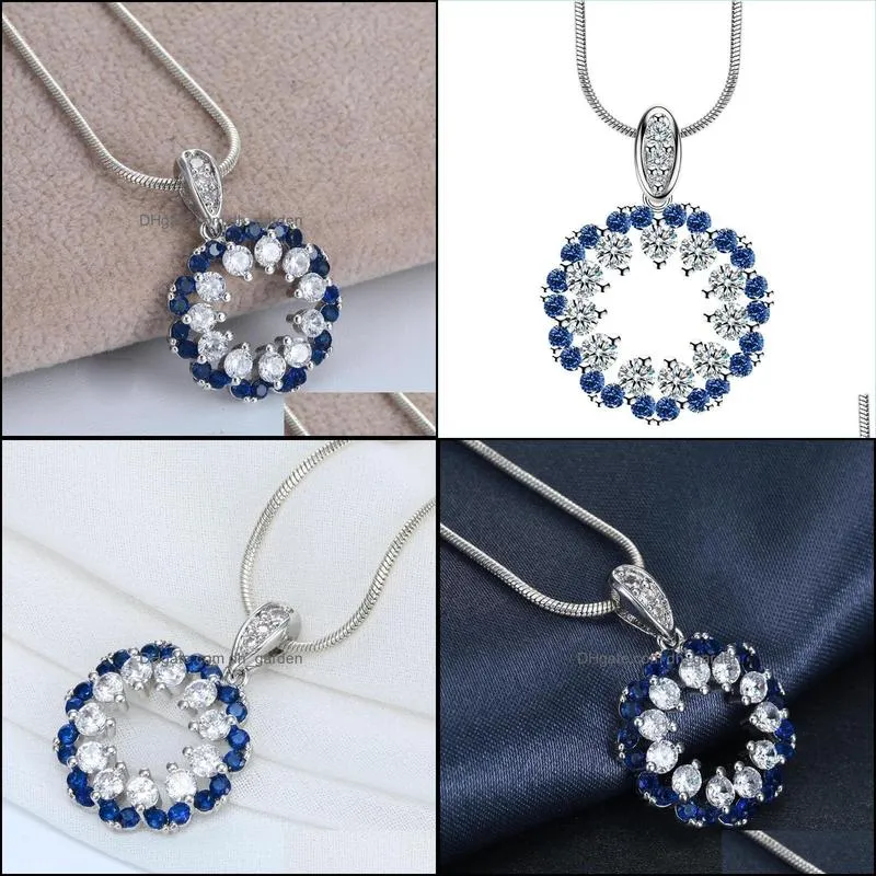 chains luxury gorgeous women jewelry blue crystal round pendant snake chain necklace wedding engagement party set gifts