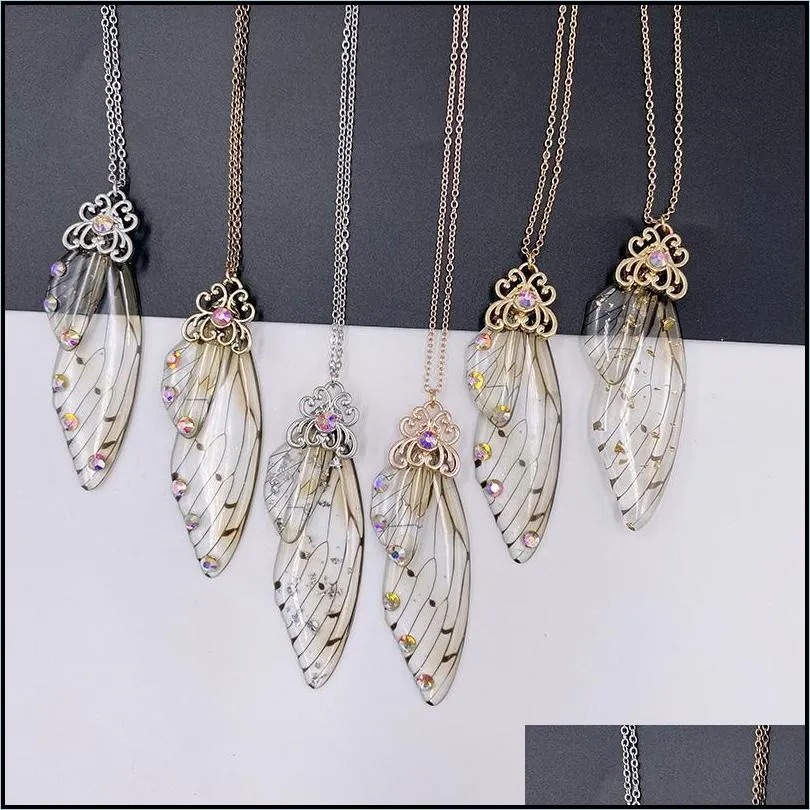 pendant necklaces handmade clear resin butterfly for women metal transparent foil rhinestones simulation wing chokers necklacependant