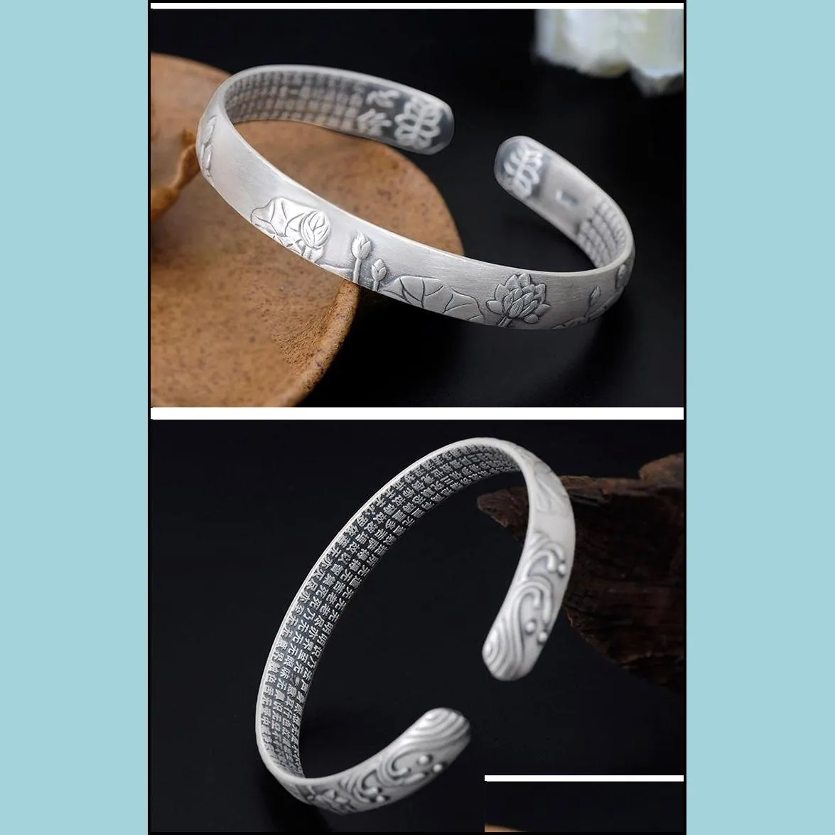 s999 pure silver heart sutra lotus bracelet retro opening great sorrow charm silver bracelet women`s six character real words bracelet