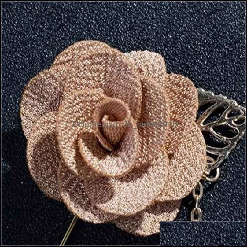 alloy electroplate rose leaf brooches man suit overcoat cloth pin buckle gold plated chain brooch artificial flower party accessories 1kx