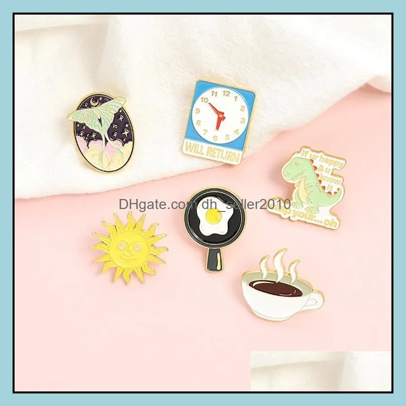 customized cartoon brooch creative clock sun coffee dinosaur shape baking paint jewelry accessories for women alloy enamel pins 1047