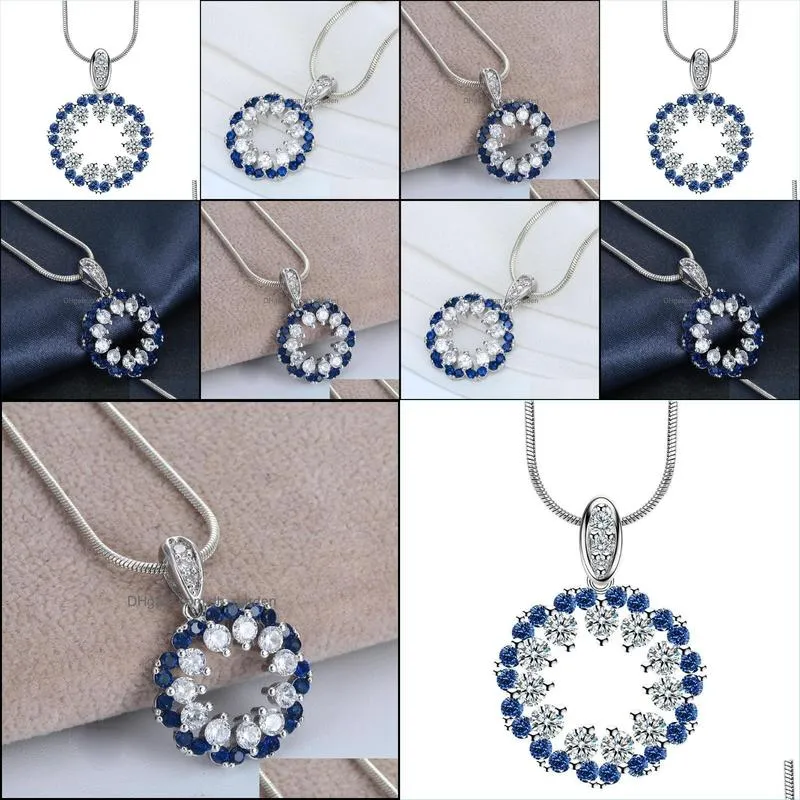 chains luxury gorgeous women jewelry blue crystal round pendant snake chain necklace wedding engagement party set gifts