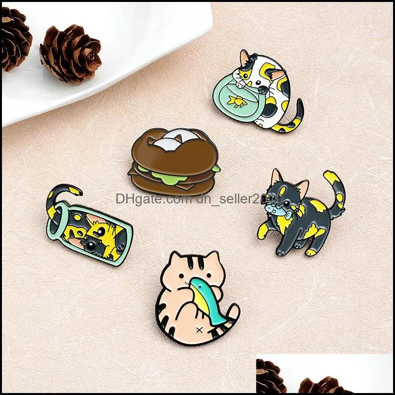 cartoon enamel brooch pin a cat with a fish in its mouth animal cloisonne badge manuafacture fashion brooches jewelry wholesale 1 5qs