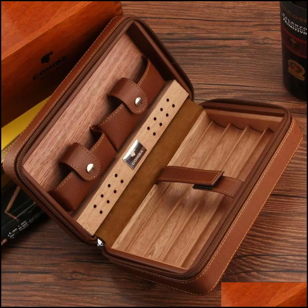 portable cedar wood cigar humidor leather wrap travel cigar case 4 cigars box storage humidors humidifier accessories for sigar