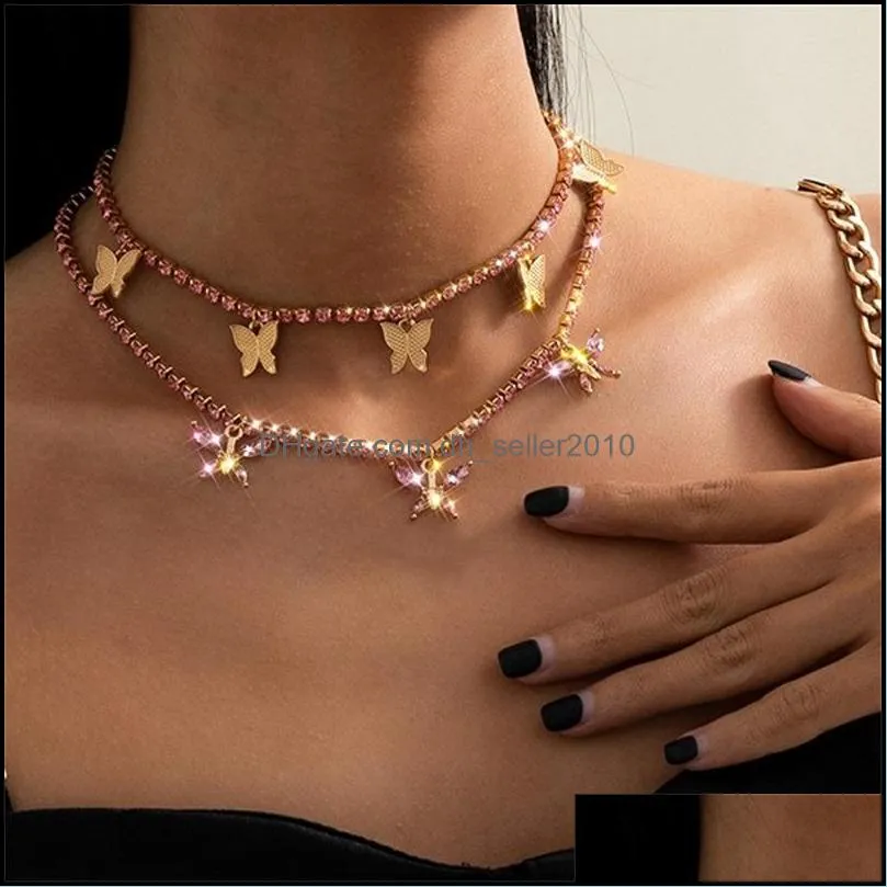 boho charm bling pink crystal butterfly pendant choker necklace rhinestone tennis chain on the neck 2021 goth jewelry for women 1337