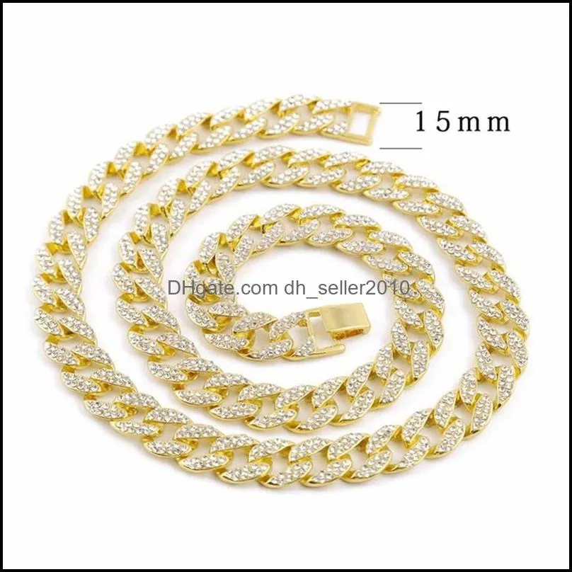 iced out bling rhinestone chains silver golden finish cuban link chain necklace 15mm mens hip hop necklace jewelry 16 18 20 24inch 637