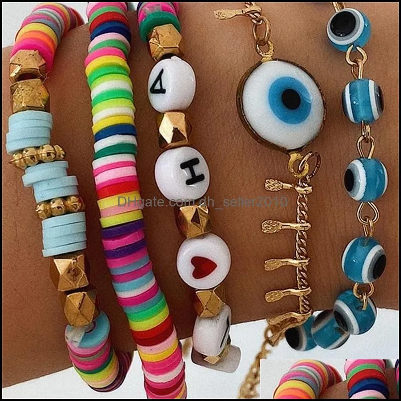 5pcs/set blue evil eye charm bracelets for women rainbow letter beads bracelet set fashion jewelry1 798 q2