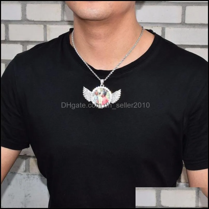 custom made photo with wings medallions necklace & pendant free rope chain gold silver color cubic zircon men`s hip hop