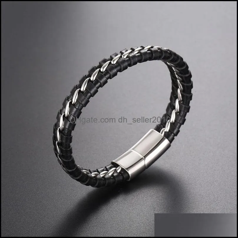 unique designer 316l stainless steel bracelets & bangles mens gift black leather knitted magnetic clasp bracelet men jewelry 1087 q2