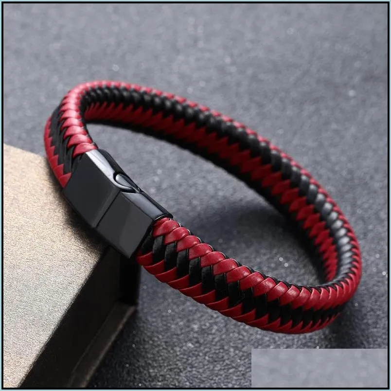new popular mens leather bracelet vintage hand woven leather rope magnetic clasp bracelet factory direct sale