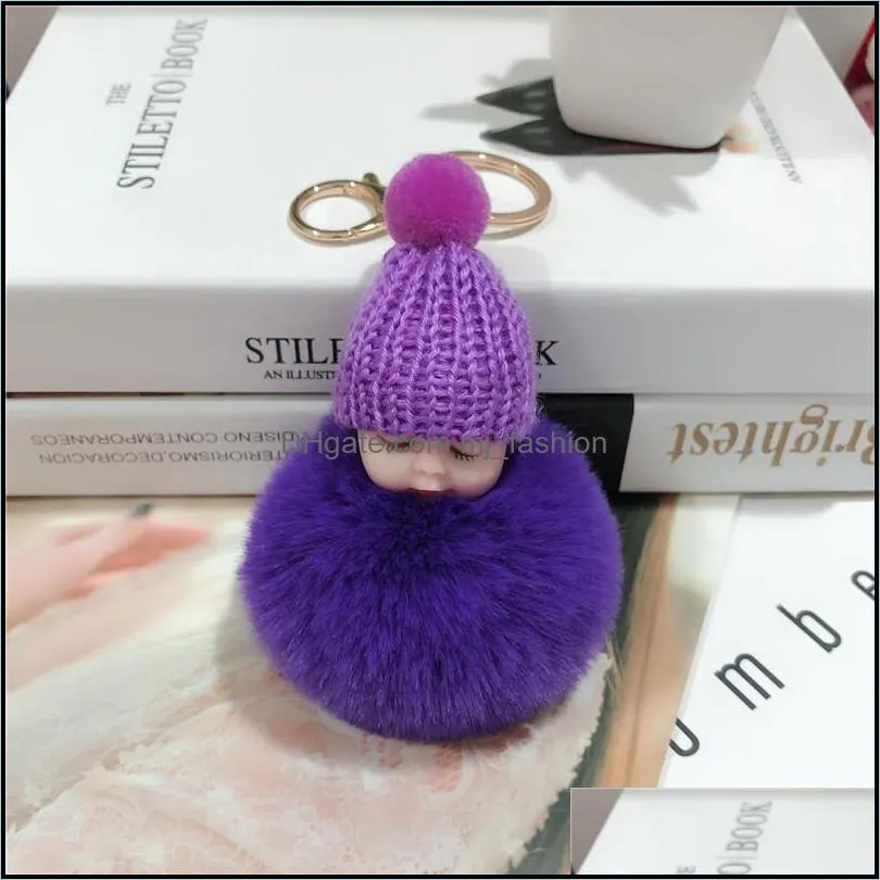 Cute Sleeping Baby Doll Key Rings Soft Rabbit Fur Ball Pompom Keychains Holder Fashion Car Keyfobs Bag Pendant Accessories
