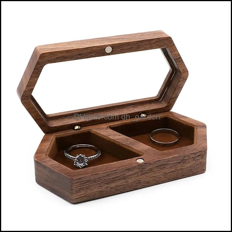 Jewelry Pouches Presentation Box Travel Case Walnut Wood Engagement Ring Earring Stud Holder For Ceremony Wedding Proposal