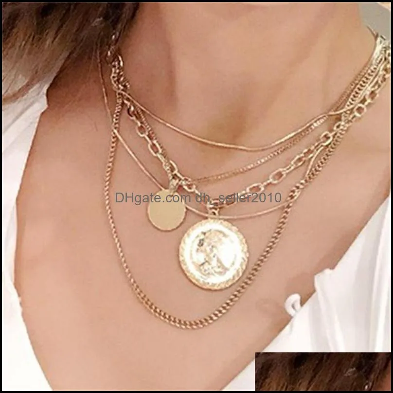 new design multi layers metal human head choker necklace gold coin circle pendant necklaces vintage chains necklace
