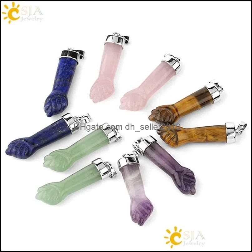 design natural stone pendants necklaces carved fist arm purple crystal quartz tiger eye lapis reiki jewelry women