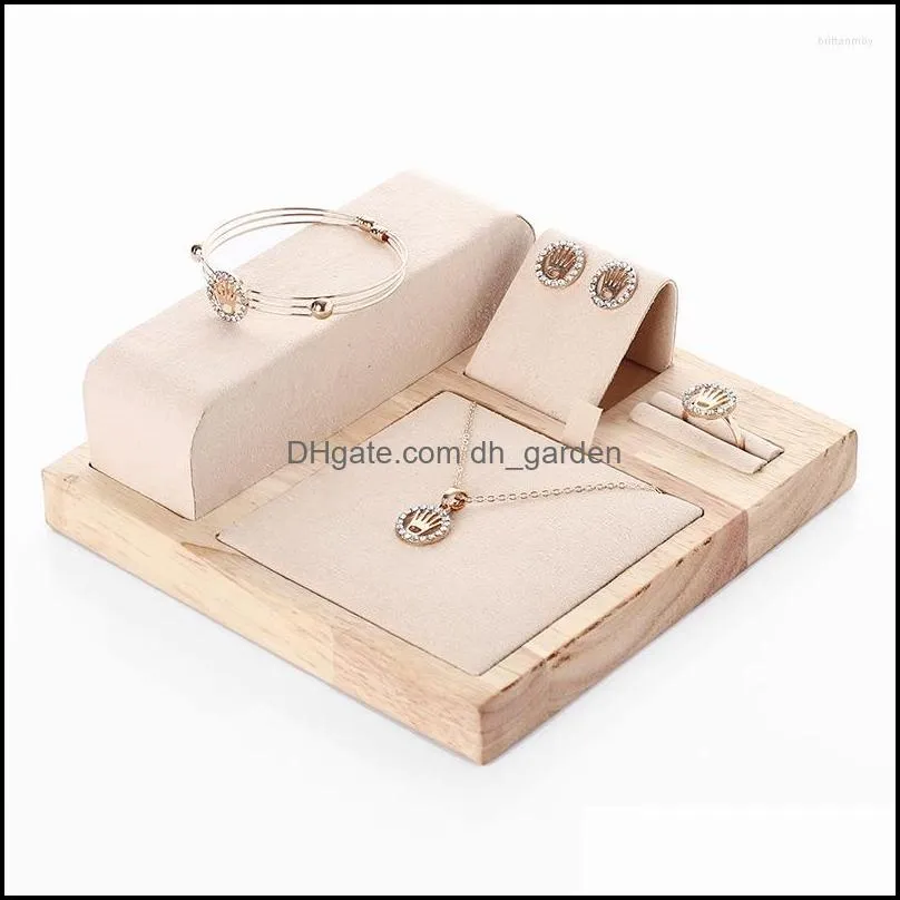 Jewelry Pouches Display Bracket Bamboo Wood With Microfiber Fabric Set Rack Counter Seat