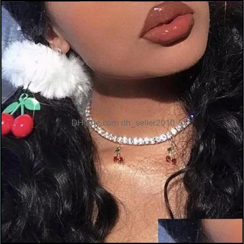 design charm rhinestone cherry pendant necklace for women statement tennis chain choker crystal collar girls hiphop jewelry