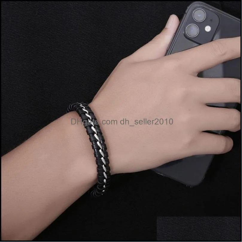 unique designer 316l stainless steel bracelets & bangles mens gift black leather knitted magnetic clasp bracelet men jewelry 1087 q2