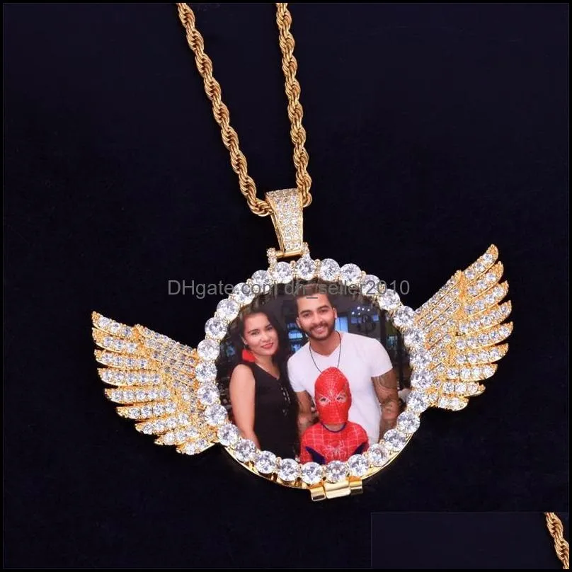 custom made photo with wings medallions necklace & pendant free rope chain gold silver color cubic zircon men`s hip hop