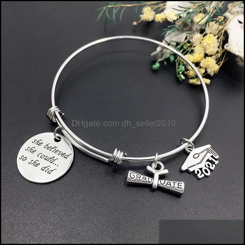 wholesale graduation gift stainless steel wire adjustable expandble bangle 2021 graduation charm bracelets graudaters gift jewelry 90