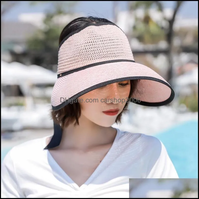 Women`s Straw Visor Sun Hat Girl Summer Beach Caps Wide Brim Cap Foldable Sun Visors for Women Roll Up Adjustable Shade Hat Lady Sunhat