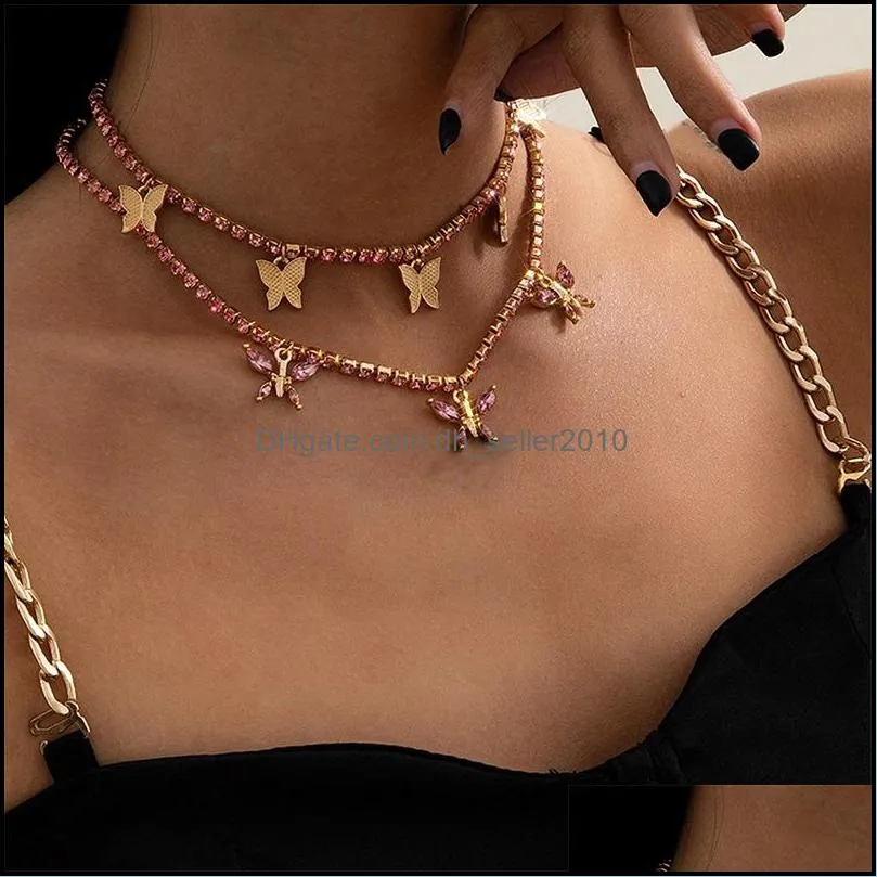 boho charm bling pink crystal butterfly pendant choker necklace rhinestone tennis chain on the neck 2021 goth jewelry for women 1337